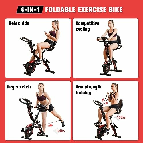 Woman demonstrating exercises on a foldable exercise bike.