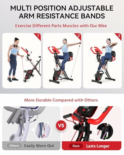 Exercise bike with adjustable arm resistance bands, highlighting durability.