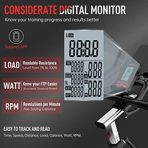 Digital monitor for exercise bike showing resistance, watt, and RPM levels.