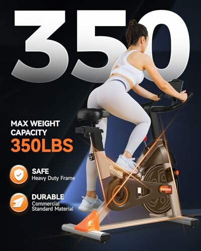 Woman using exercise bike with 350lbs weight capacity.