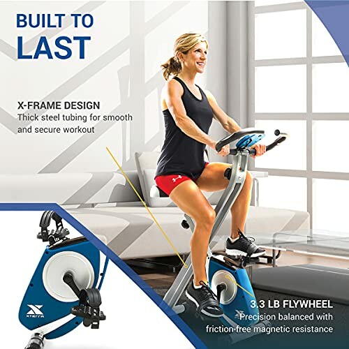 Woman using an exercise bike with features listed.