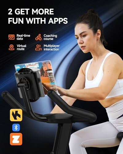 Woman using exercise bike with app integration features displayed.