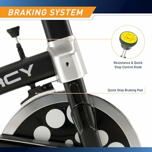 Exercise bike braking system with resistance and quick stop control knob.