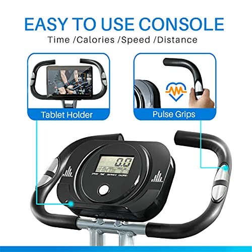 Exercise bike console with tablet holder and pulse grips.