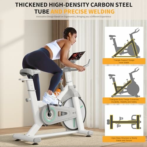 Woman using high-density carbon steel exercise bike with design features listed.