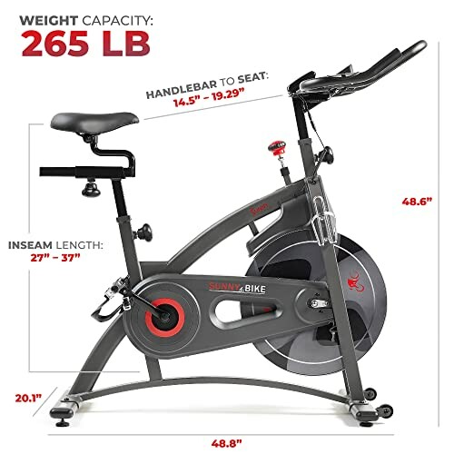 Exercise bike with dimensions and weight capacity details.