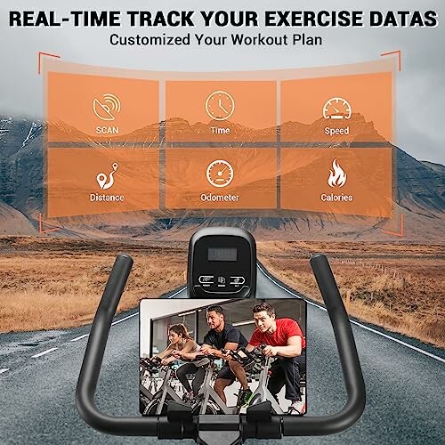 Exercise bike with digital display and workout data tracking.