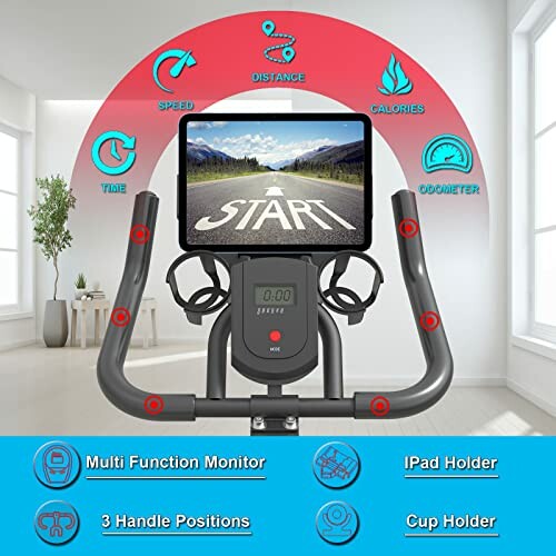 Exercise bike display with speed, distance, calories, time, odometer metrics, and features like multi-function monitor, iPad holder, and cup holder.