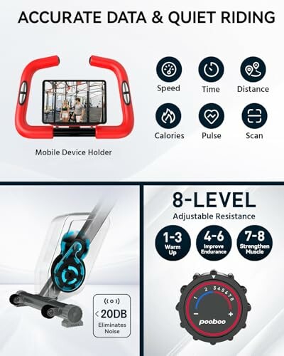 Exercise bike features with mobile holder, metrics display, and adjustable resistance.