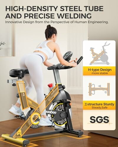 Woman using a high-density steel exercise bike with precise welding and innovative design.