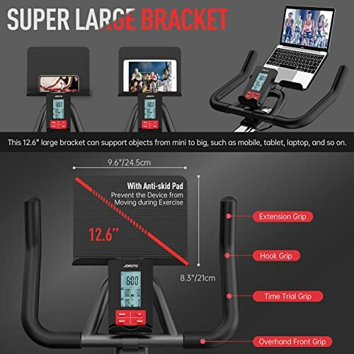 Exercise bike with large bracket for holding devices like phones, tablets, and laptops.