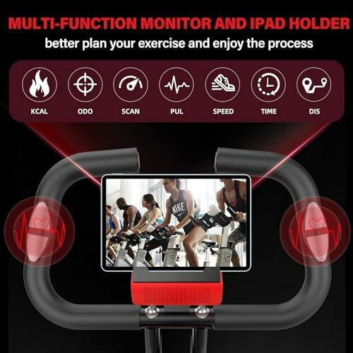 Multi-function monitor and iPad holder on exercise bike.