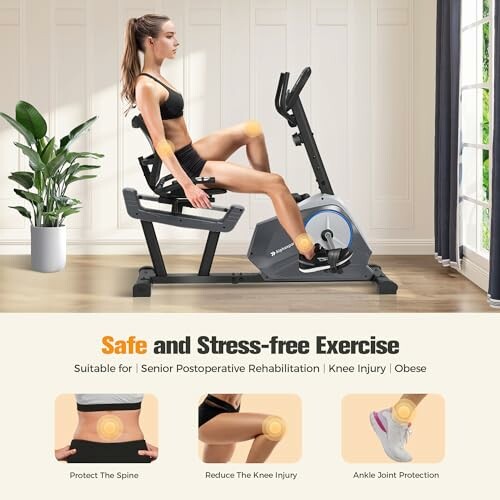 Woman using exercise bike for safe rehabilitation