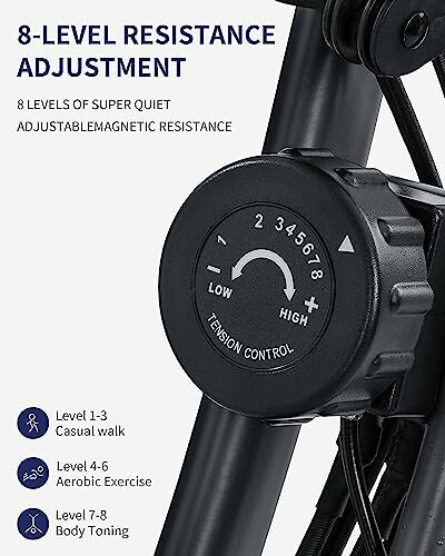 8-level resistance adjustment dial on exercise bike.