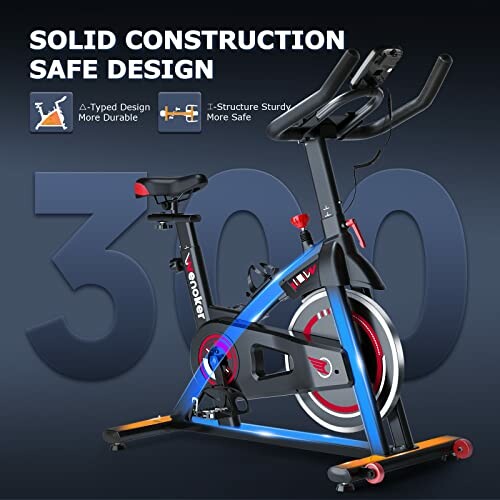 Indoor exercise bike with solid construction and safe design features.