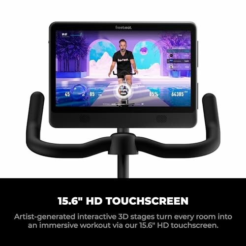 Exercise bike with 15.6-inch HD touchscreen showing virtual workout