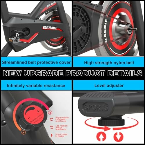 Detailed features of upgraded exercise bike, including belt cover, nylon belt, resistance knob, and level adjuster.