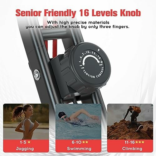 Exercise machine tension control knob with 16 levels, images for jogging, swimming, climbing.