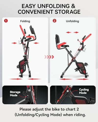 Illustration of a folding exercise bike transitioning from storage to cycling mode.