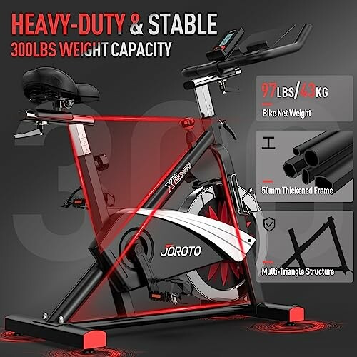 Heavy-duty stable exercise bike with 300lbs weight capacity, 97lbs net weight, 50mm thickened frame, and multi-triangle structure.