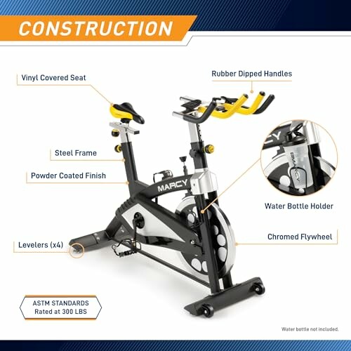 Diagram of Marcy exercise bike highlighting features like steel frame, rubber dipped handles, vinyl covered seat, and chromed flywheel.