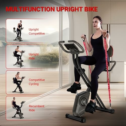 Woman using a multifunction upright exercise bike with different riding positions.