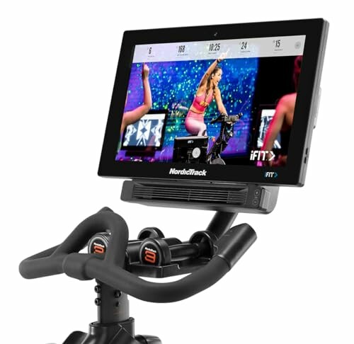 NordicTrack exercise bike with digital display screen showing a workout program.