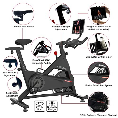 Features of a spinning bike with adjustable parts and tablet mount.