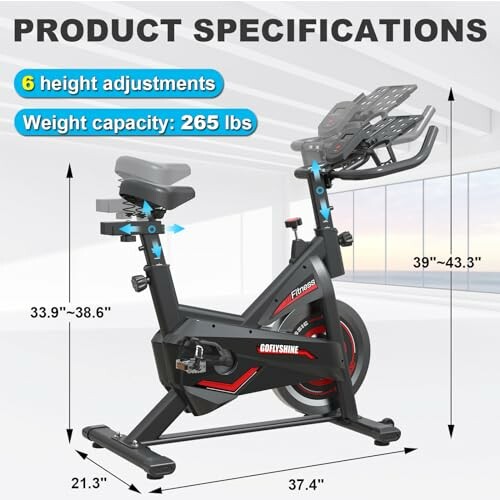 Stationary bike with 6 height adjustments and 265 lbs weight capacity.