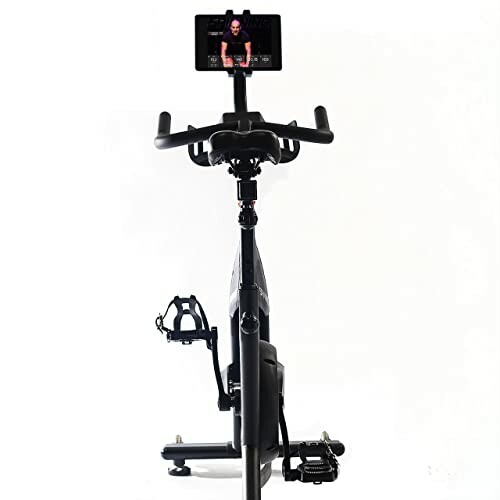 Stationary exercise bike with attached screen displaying instructor.