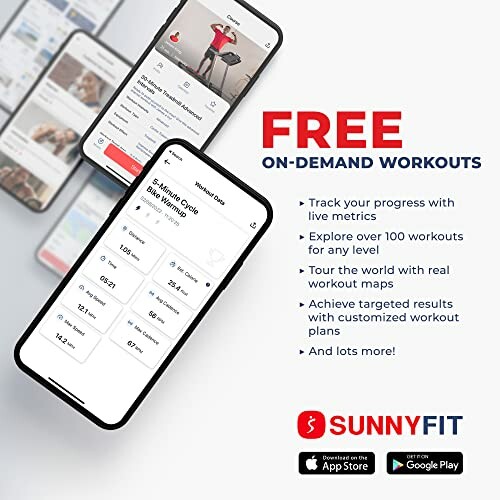 SunnyFit app advertisement for free on-demand workouts, showing app features and download options.