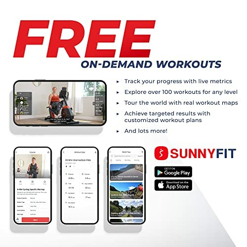 SunnyFit app advertisement showcasing free on-demand workouts available on mobile devices.